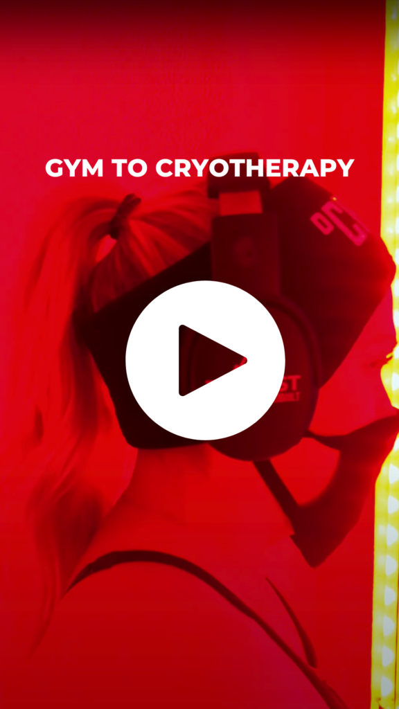 Girl with head phones, headband and mask inside of cryotherapy chamber
